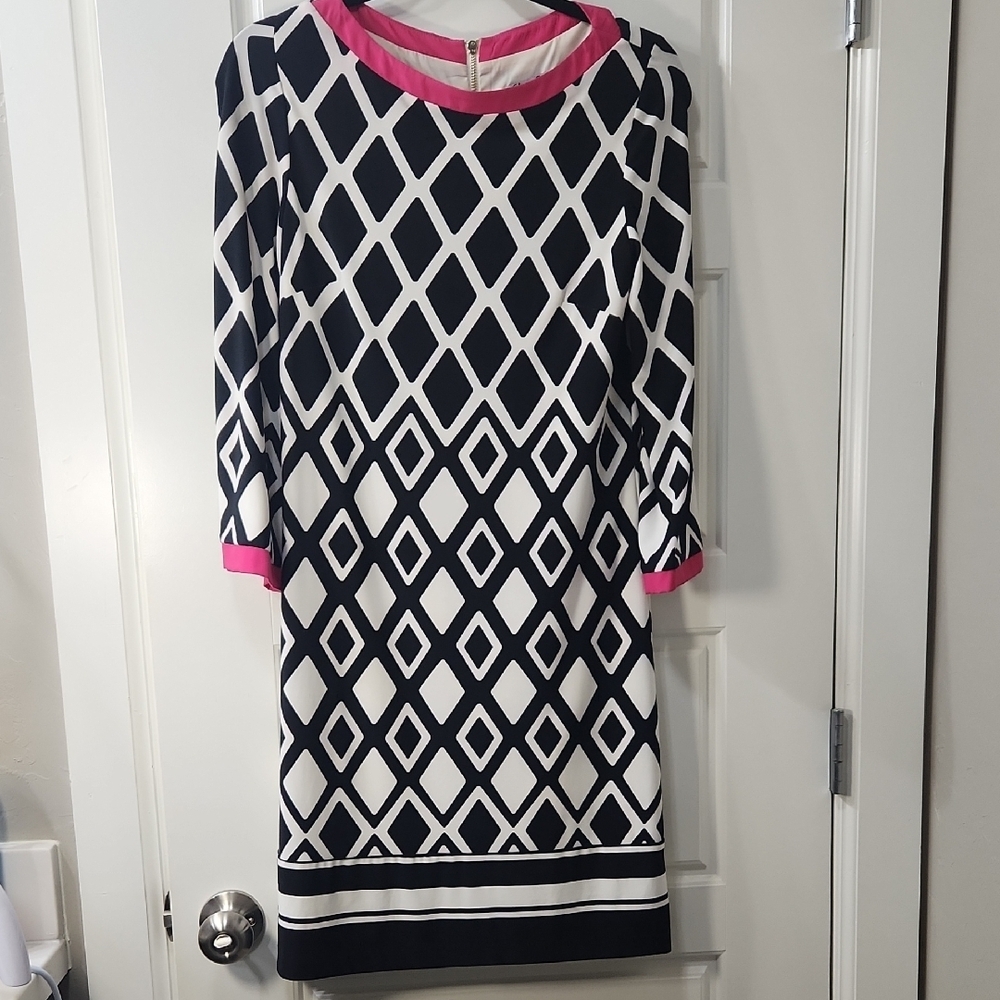 Eliza J Black and White Diamond Dress with Pink Trim Size 8